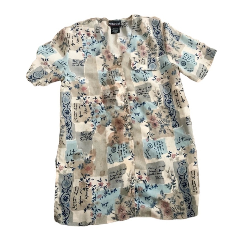 Notations | Vintage Button Down Short Sleeve Floral Print Beige Baby Blue